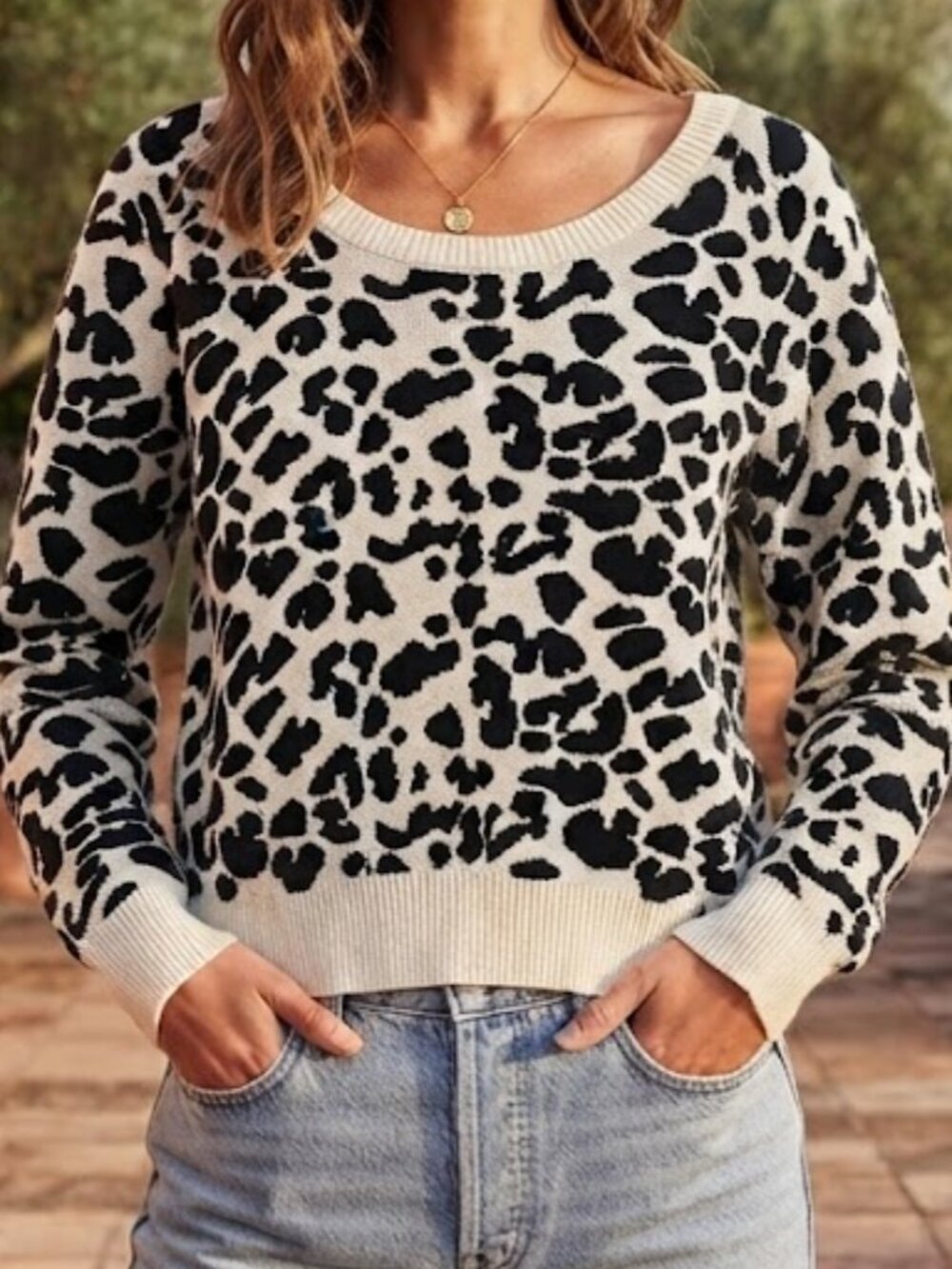 Sea New York Black and White Scoop Neck Leopard-Print Sweater Size M